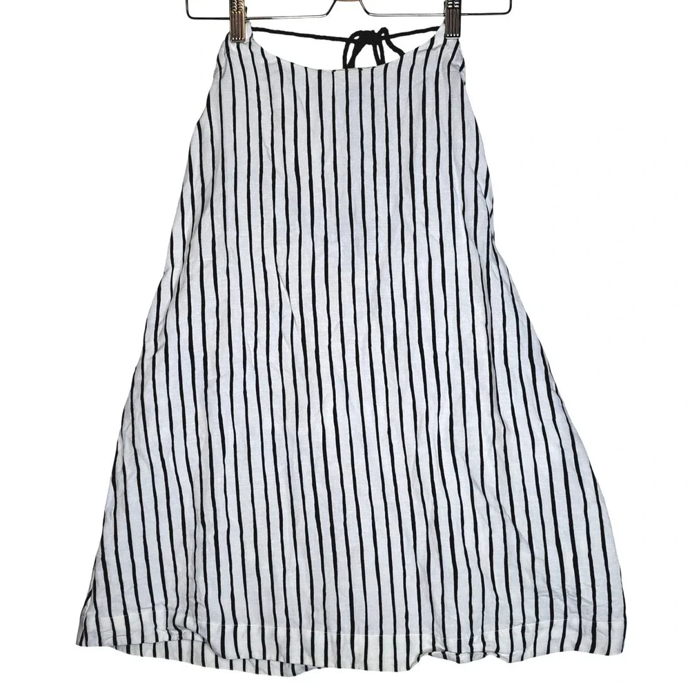 Tory Burch Striped Halter Dress Women XS Blue White Linen Rayon Tassel Tie Beach